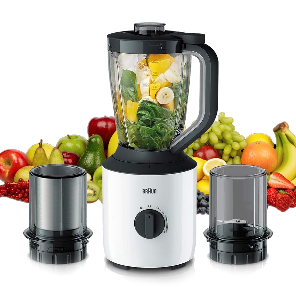 Braun Powerblend Jug Blender, 800W, 1.5L blender, TriAction Technology, Variable speed and Pulse function, Silent blending, chopper & grinder خلاط باور بلند بوعاء من براون Braun Powerblend Jug Blender, 800W, 1.5L blender, TriAction Technology, Variable speed and Pulse function, Silent blending, chopper & grinder خلاط باور بلند بوعاء من براون